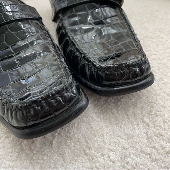Stuart Weitzman Black Crocodile Patent Leather Block Heel Mules Shoes 8 Narrow - Picture 3 of 11